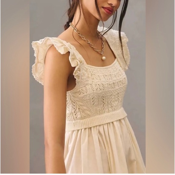 NWT $160 Anthropologie EN SAISON Creme Ruffled Square Neck Mini Dress Sz Medium - Picture 2 of 15